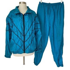 Vintage 70s Nylon Tracksuit Sunterra Blue Windbreaker Jacket Pants Size Large L